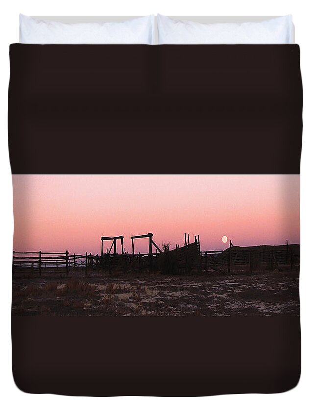 Corrals Duvet Cover featuring the photograph Pink sunset over corral by Cathy Anderson