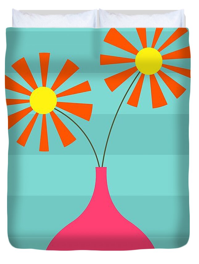 70s Duvet Cover featuring the digital art Pink Vase on Blue by Donna Mibus