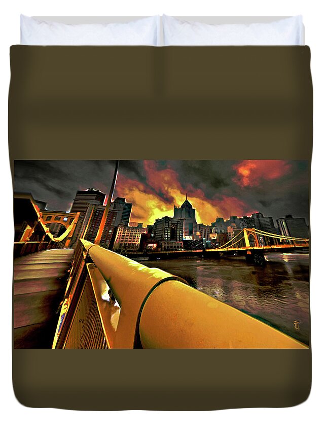 Pittsburgh Skyline Duvet Cover featuring the painting Pittsburgh Skyline by Fli Art