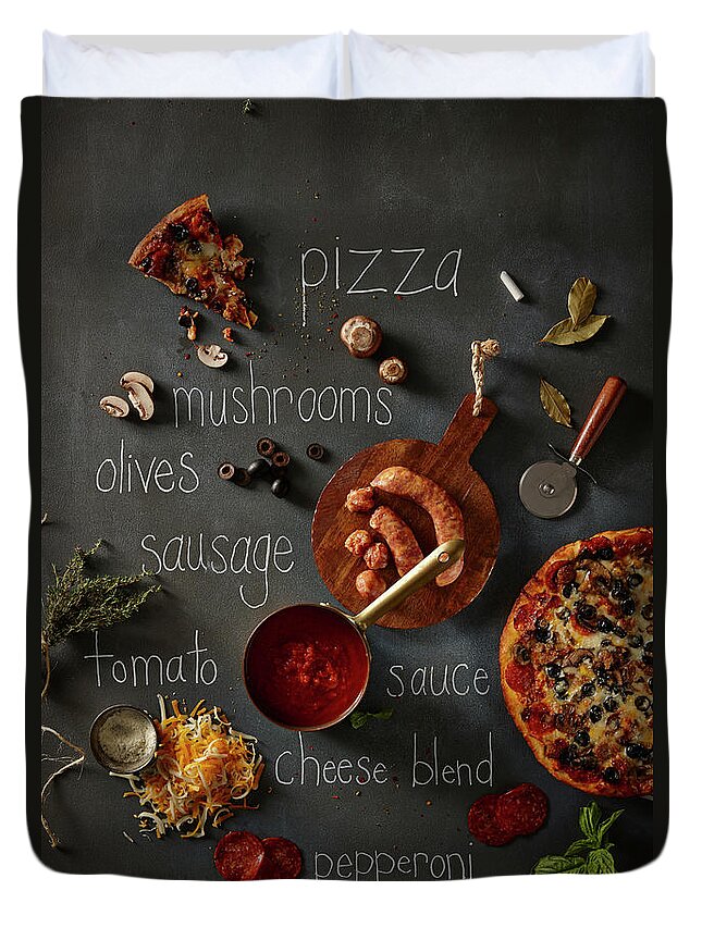 Cheese Duvet Cover featuring the photograph Pizza And Ingredients by Lew Robertson