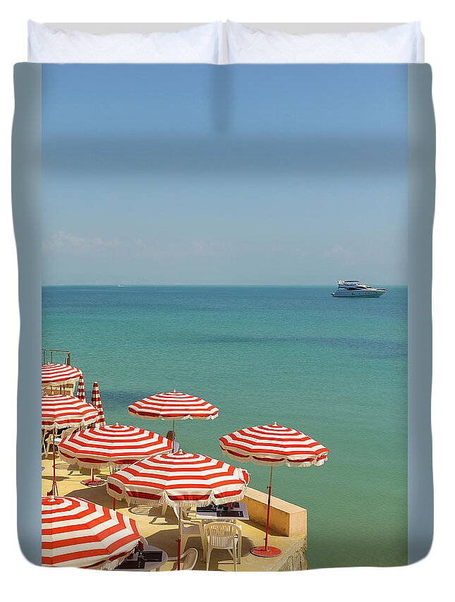 Shadow Duvet Cover featuring the photograph Plage Privee Pres Dantibes by Patrice Coppee