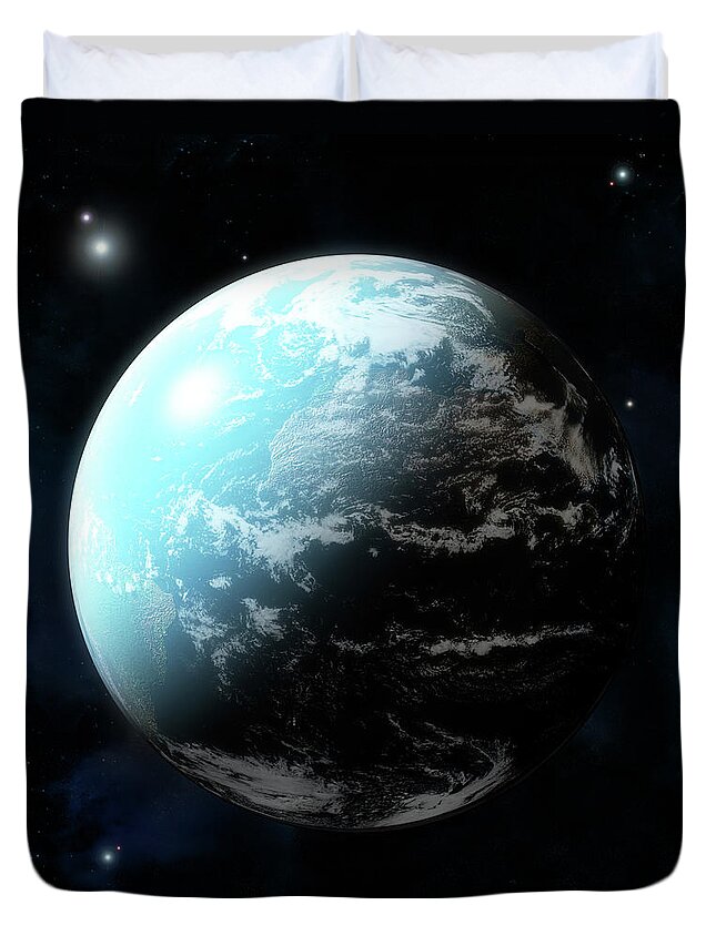 Galaxy Duvet Cover featuring the digital art Planet Earth With Stars All Around by Maciej Frolow