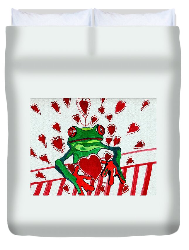 Tree Frog Duvet Cover featuring the painting Plany my heart out by Connie Valasco