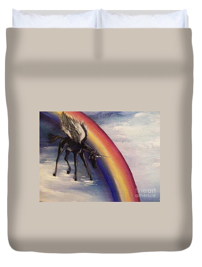 Unicorn Duvet Cover featuring the painting Playing with Rainbow by Karen Ferrand Carroll