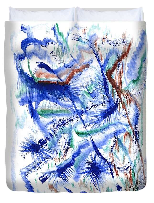 Abstract Duvet Cover featuring the painting Plume Bleues by Myrtle Joy
