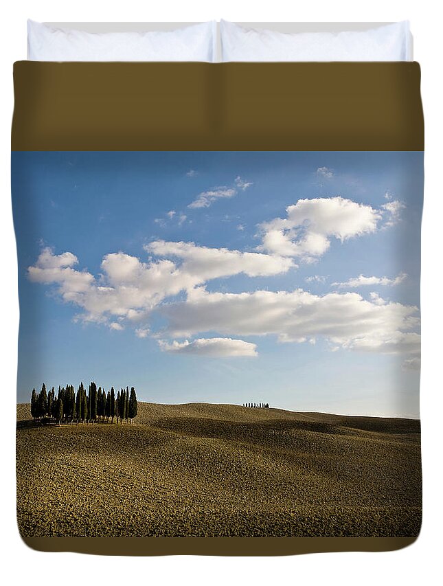Tranquility Duvet Cover featuring the photograph Ploughed Fields And Cypress Trees by Walter Zerla