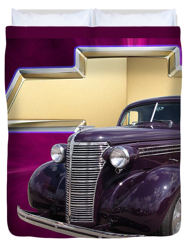 Chevy Duvet Cover featuring the digital art Plumb Crazy Chevy Squared by Chris Thomas
