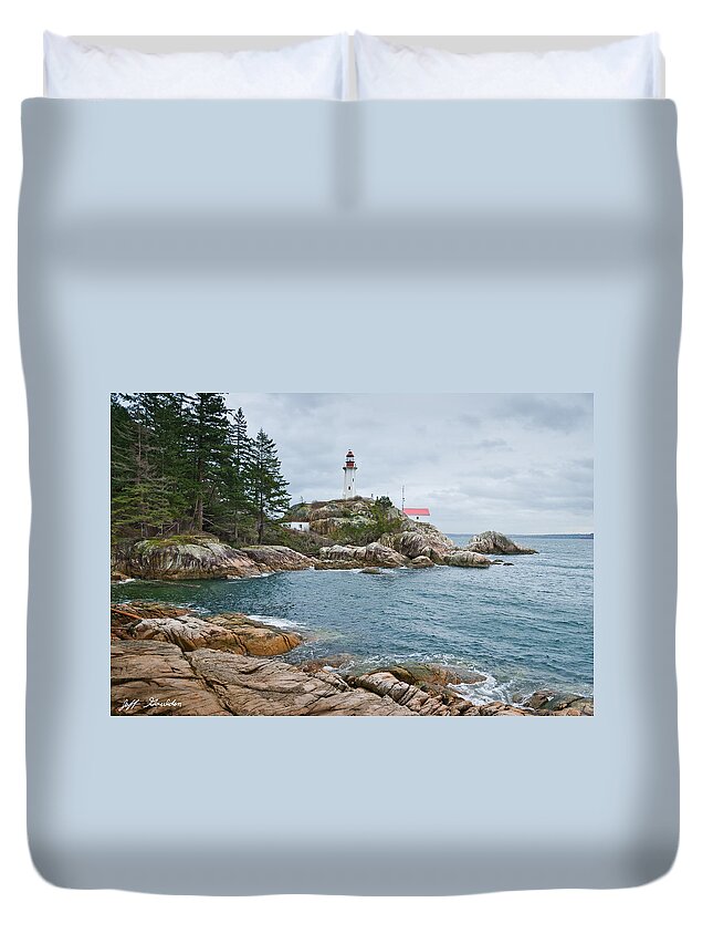 Architecture Duvet Cover featuring the photograph Point Atkinson Lighthouse and Rocky Shore by Jeff Goulden