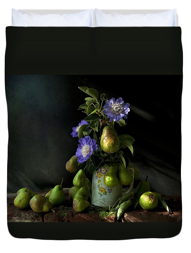 Chiaroscuro Duvet Cover featuring the photograph Poires Et Fleurs by Theresa Tahara
