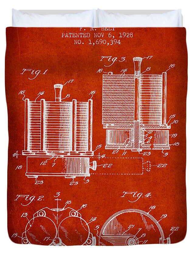 Poker Duvet Cover featuring the digital art Poker Chip Set Patent from 1928 - Red by Aged Pixel