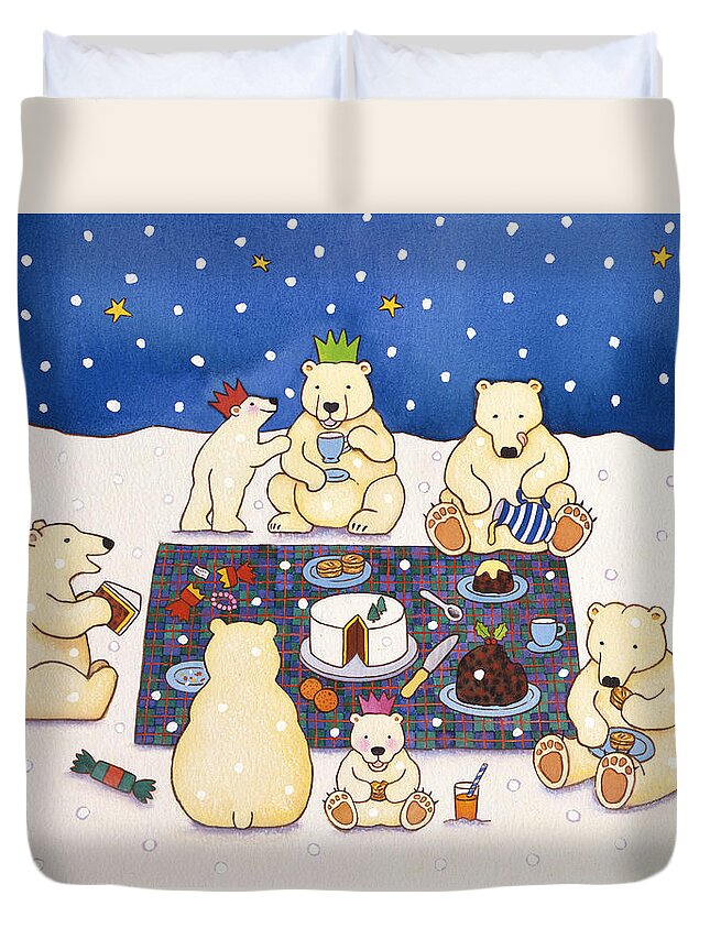 Christmas Duvet Cover featuring the painting Polar Bear Picnic by Cathy Baxter