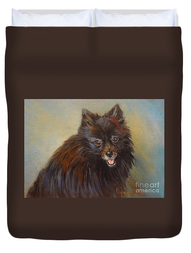 Dog Print Duvet Cover featuring the painting Pomeranian by Jenny Lee