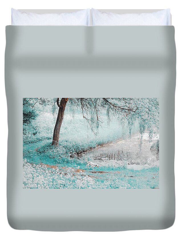 Nature Duvet Cover featuring the photograph Pond Under the Shadow Willow. Nature in Alien Skin by Jenny Rainbow