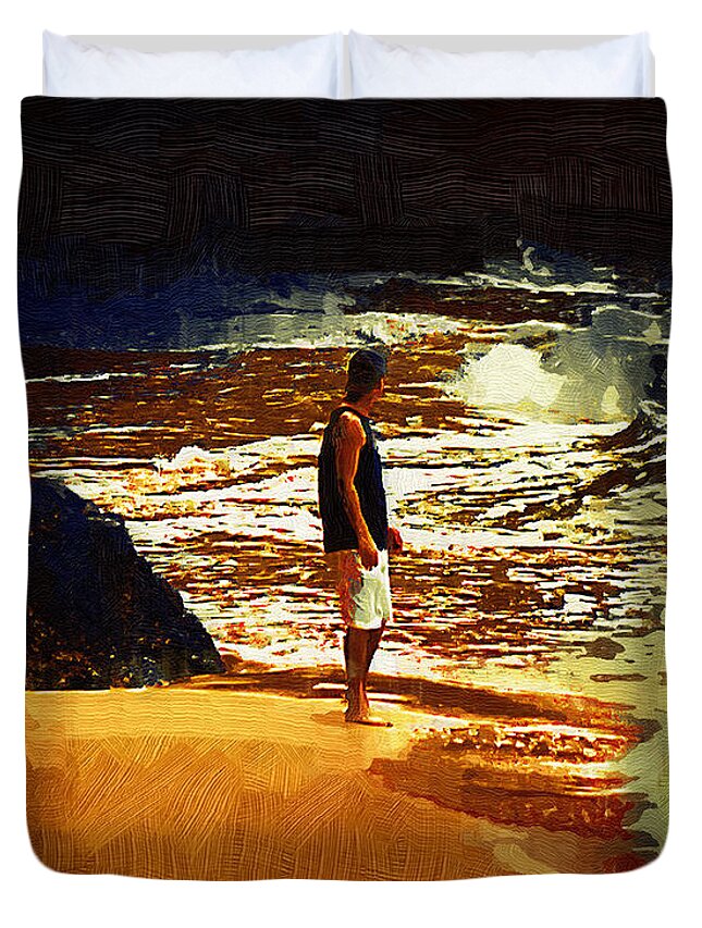 Beach Duvet Cover featuring the painting Pondering The Surf by Kirt Tisdale