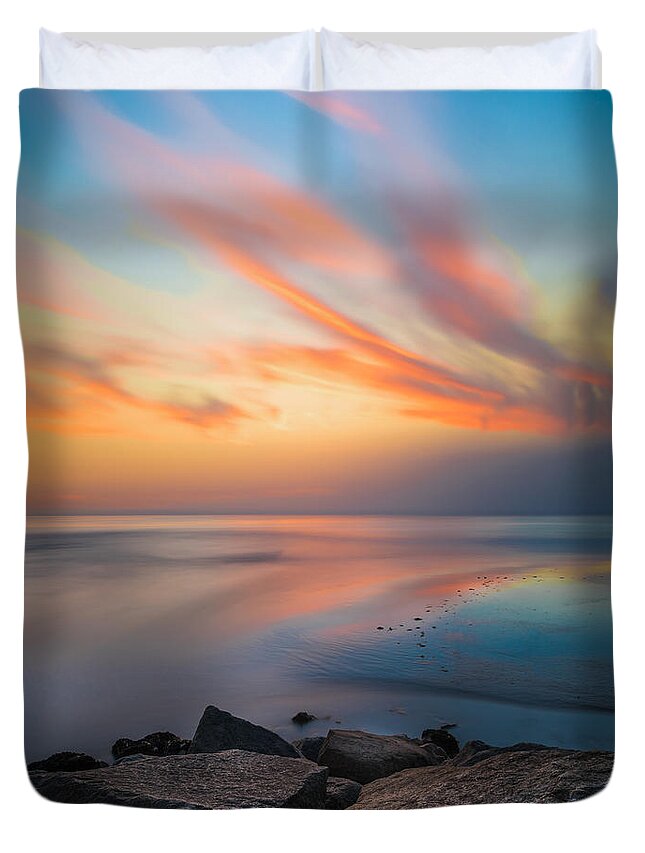 California; Long Exposure; Ocean; Reflection; San Diego; Seascape; Sunset; Surf; Clouds Duvet Cover featuring the photograph Ponto Jetty Sunset - Square by Larry Marshall