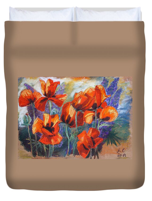Flowers Duvet Cover featuring the drawing Poppies And Lupines by Barbara Pommerenke