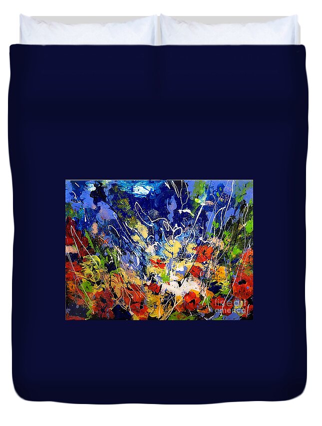 Floral Painting Duvet Cover featuring the painting Poppies on glass by Lidija Ivanek - SiLa