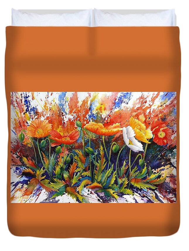 Poppies Duvet Cover featuring the painting Poppy Blast by Karen Mattson