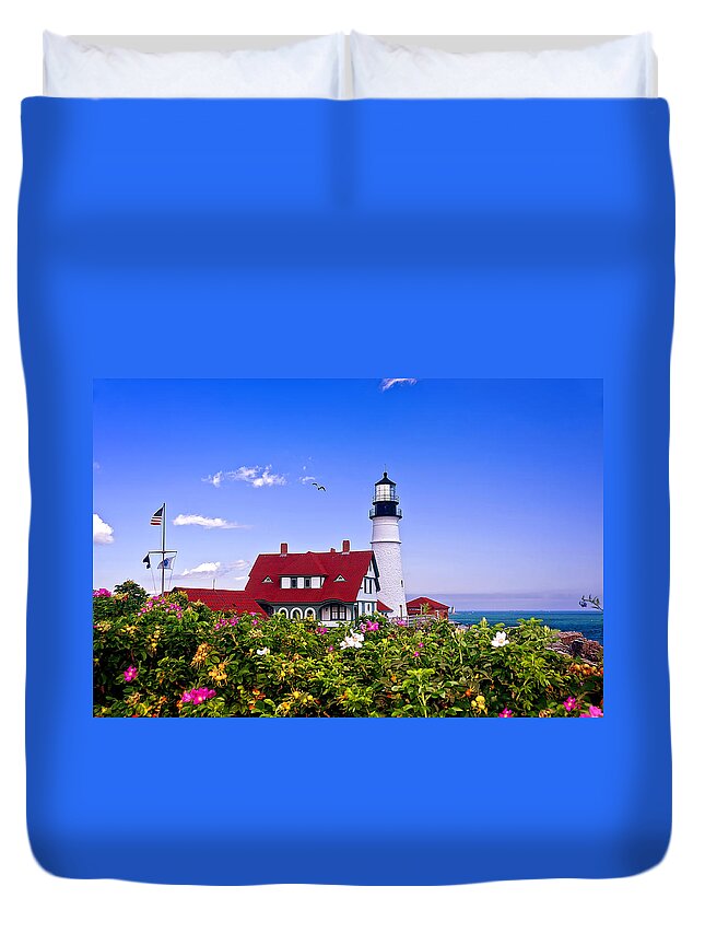 Maine Duvet Cover featuring the photograph Portland Head Light and Roses by Mitchell R Grosky