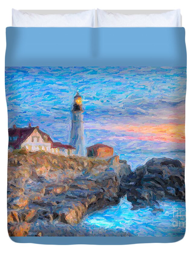 Clarence Holmes Duvet Cover featuring the photograph Portland Head Light at Sunrise Impasto I by Clarence Holmes