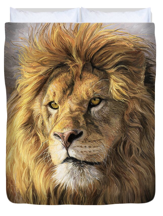 Lion Duvet Cover featuring the painting Portrait Of A Lion by Lucie Bilodeau