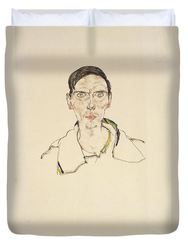 Drawing Duvet Cover featuring the drawing Portrait Of A Young Man Wearing Sports by Egon Schiele