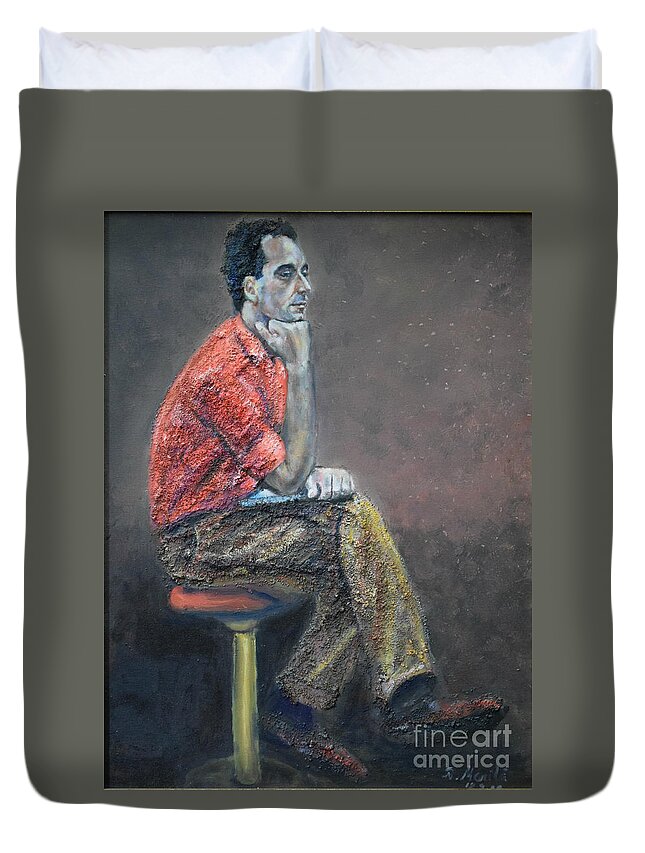 Man Duvet Cover featuring the painting Portrait of Ali Akrei - The Painter by Raija Merila