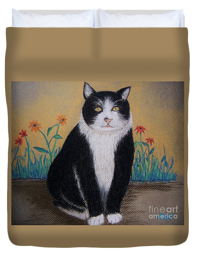 Cats Duvet Cover featuring the pastel Portrait of Teddy The Ninja Cat by Reb Frost