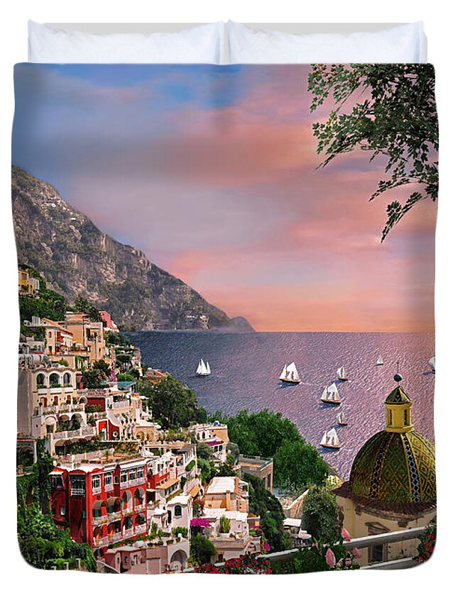 Positano Duvet Cover featuring the digital art Positano by MGL Meiklejohn Graphics Licensing