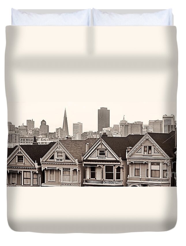 San Francisco Duvet Cover featuring the photograph Postcard Row BW by Jerry Fornarotto