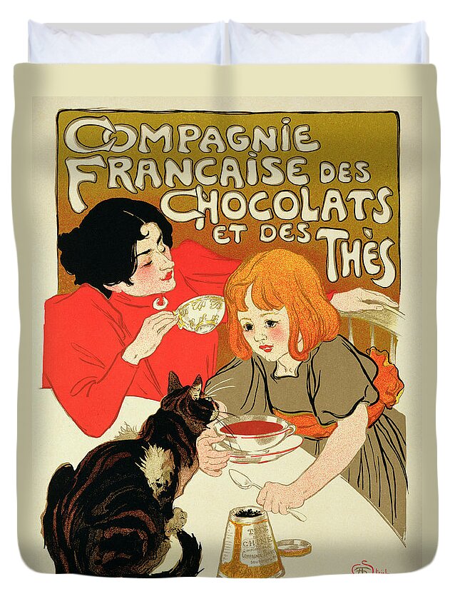 Chocolates Duvet Cover featuring the drawing Poster Advertising The French Company by Theophile Steinlen