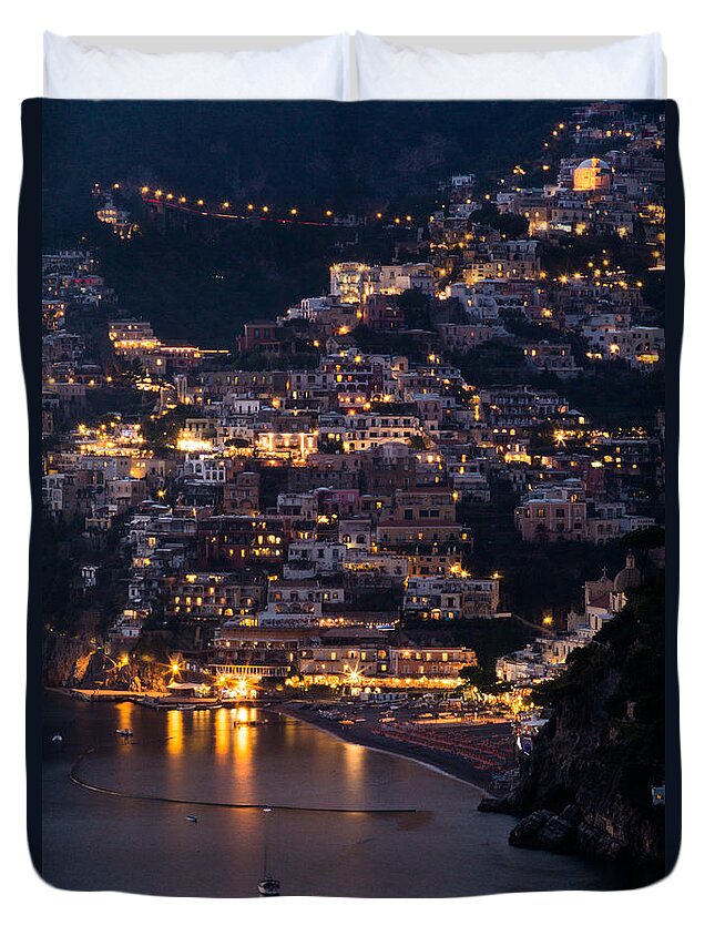 Amalfi Coast Duvet Cover featuring the photograph Postiano at night by Dan Hartford