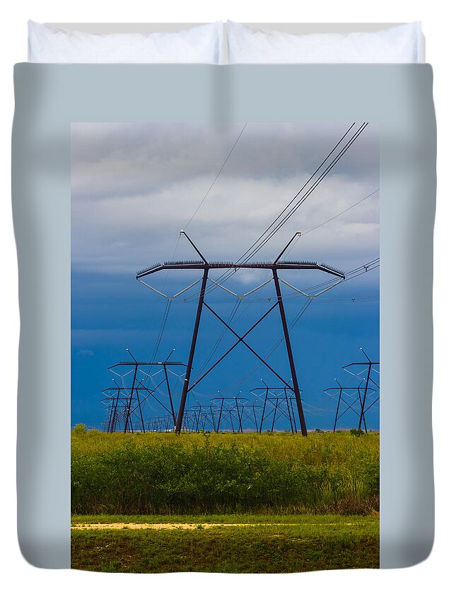Bluish Sky Duvet Cover featuring the photograph Power Towers by Ed Gleichman