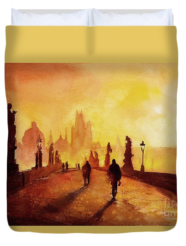  Duvet Cover featuring the painting Prague Sunrise by Ryan Fox