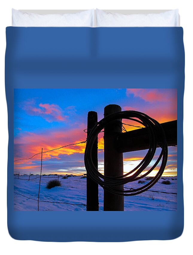 Sunset Duvet Cover featuring the photograph Prairie Fence Sunset by Dawn Key