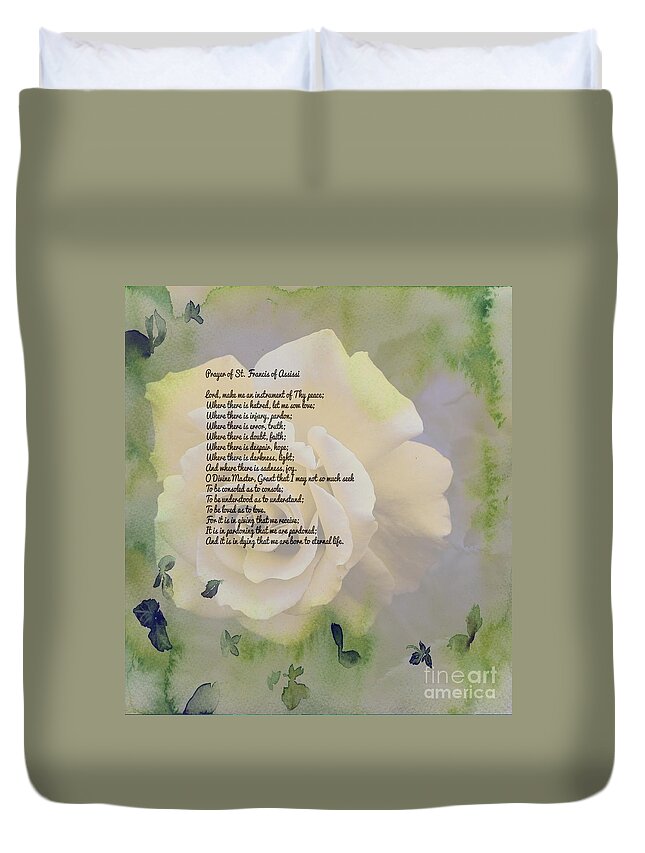 Prayer Of St. Francis And Yellow Rose Duvet Cover featuring the photograph Prayer of St. Francis and Yellow Rose by Barbara A Griffin