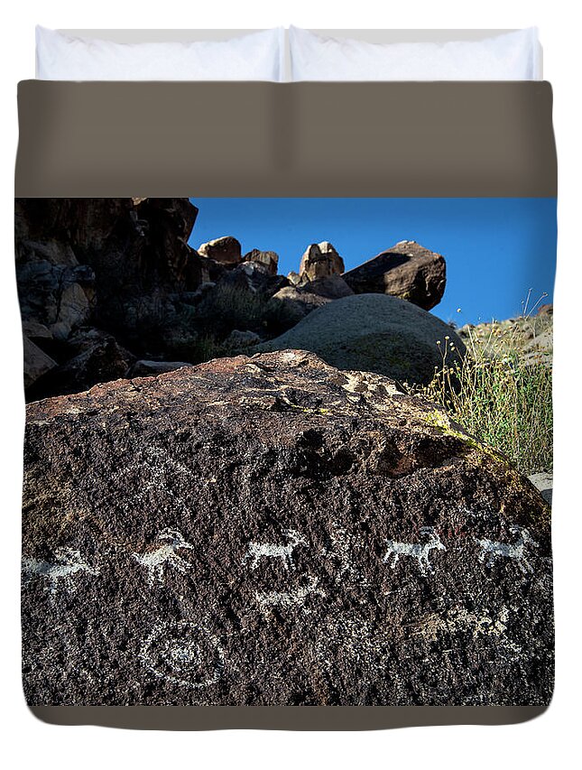 Prehistoric Era Duvet Cover featuring the photograph Prehistoric Rock Art In Grapevine Canyon by Mark Newman