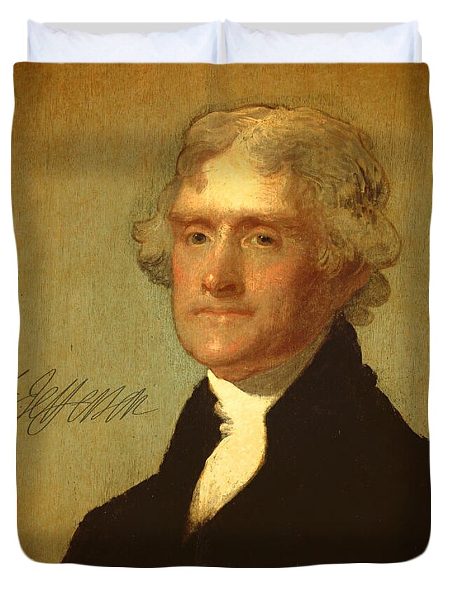 President Thomas Jefferson Portrait Signature Duvet Cover featuring the mixed media President Thomas Jefferson Portrait and Signature by Design Turnpike
