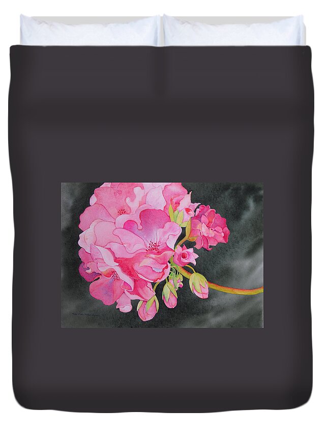 Geranium Duvet Cover featuring the painting Pretty in Pink by Mary Ellen Mueller Legault