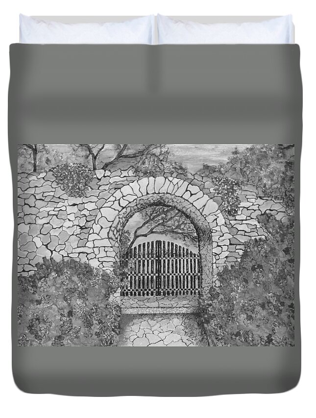 Print Duvet Cover featuring the drawing Private Garden at Sunset Black and White by Ashley Goforth