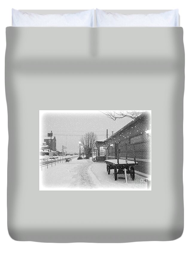 Winter Duvet Cover featuring the photograph Prosser Winter Train Station by Carol Groenen