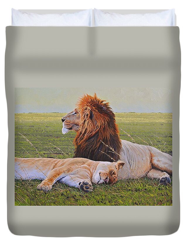 Lions Duvet Cover featuring the painting Protecting the Queen by Aaron Blaise