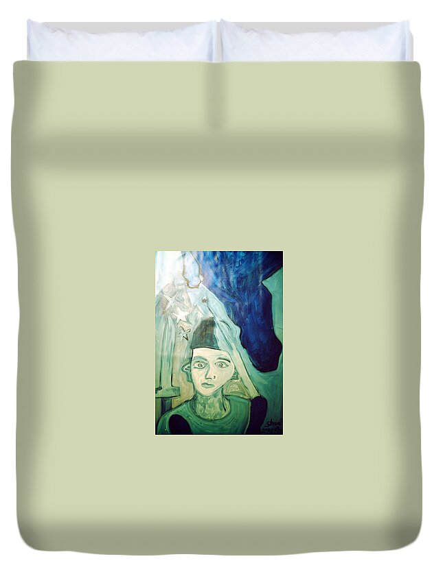 Blue Duvet Cover featuring the painting Protector of the Great Land by Shea Holliman