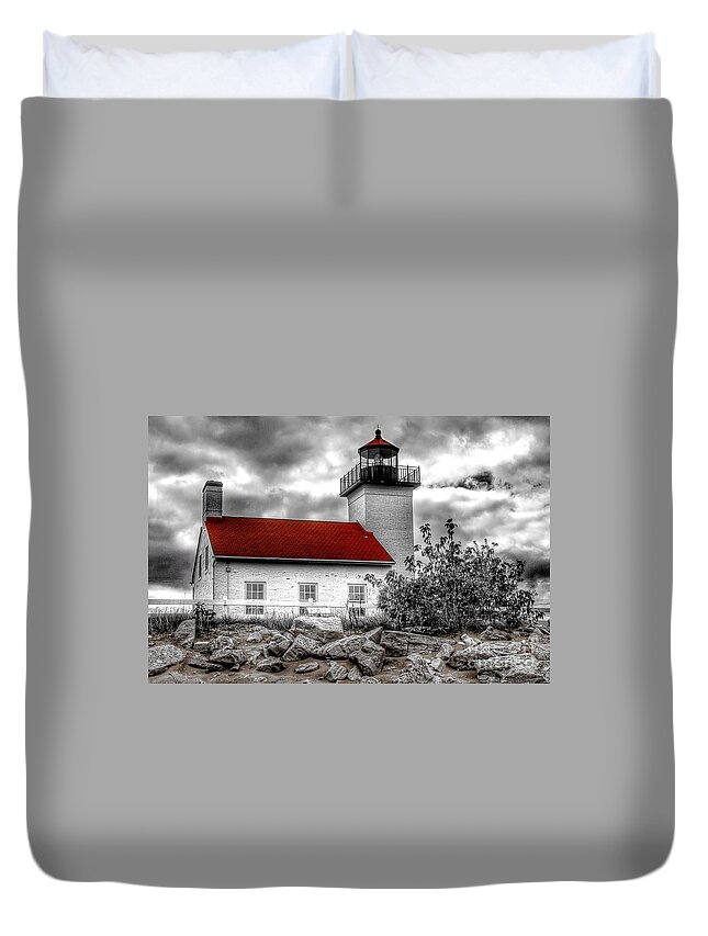 Clouds Duvet Cover featuring the photograph Protector of the Harbor - Sand Point Lighthouse by Nikki Vig
