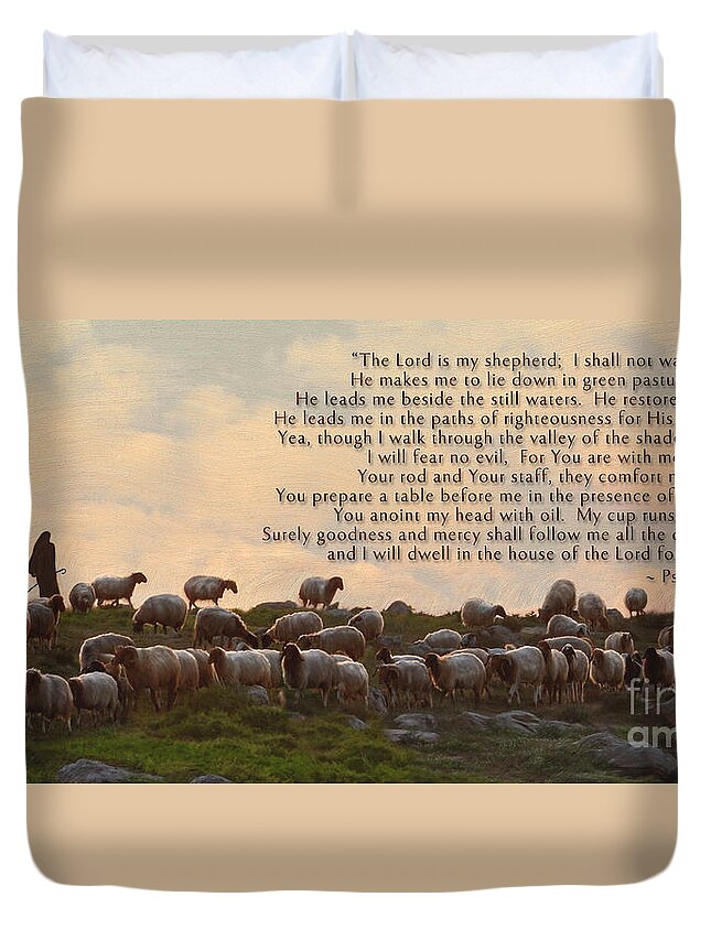 Sheep Duvet Cover featuring the painting Sheep and the 23rd Psalm by Constance Woods