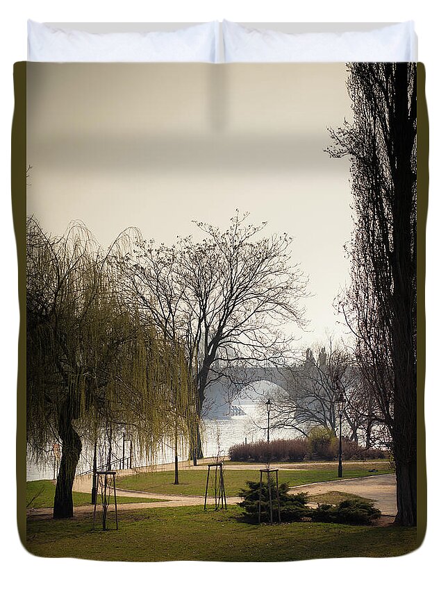 Empty Duvet Cover featuring the photograph Public Park On The Vltava Riverbank by Halbergman