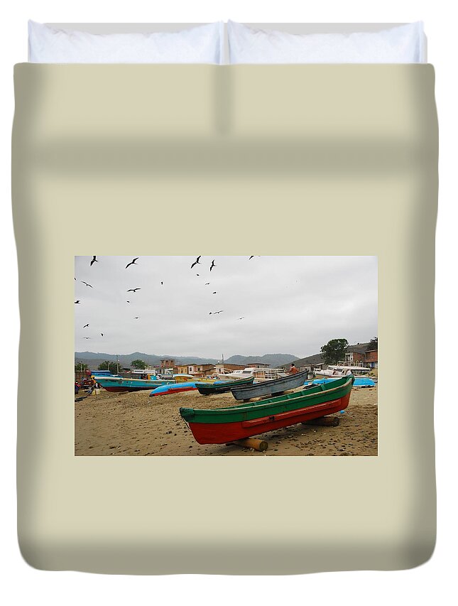 Beach Duvet Cover featuring the photograph Puerto Lopez Beach and Boats by Cascade Colors