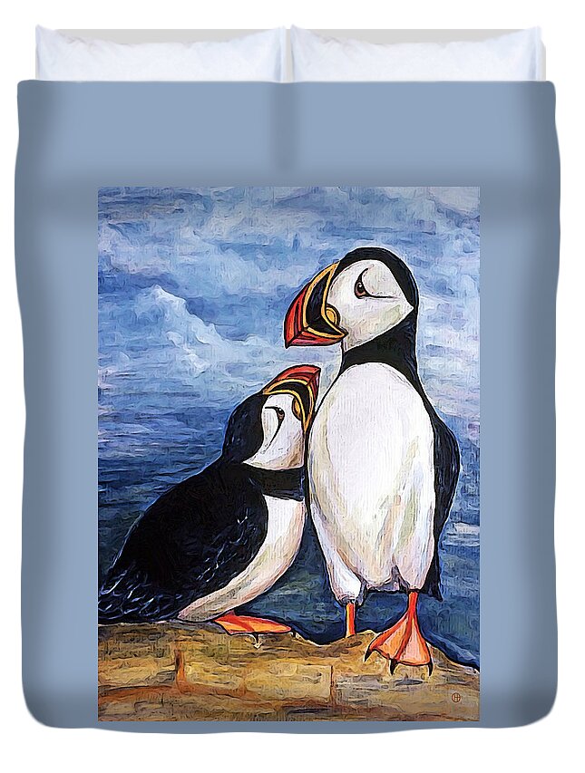 Puffins Duvet Cover featuring the digital art Puffin Friends by Gary Olsen-Hasek
