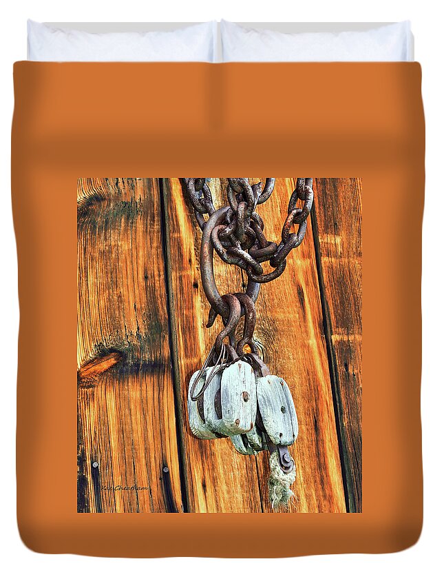Iron Hooks Duvet Cover featuring the photograph Pulley Hooks and Chain by Kae Cheatham