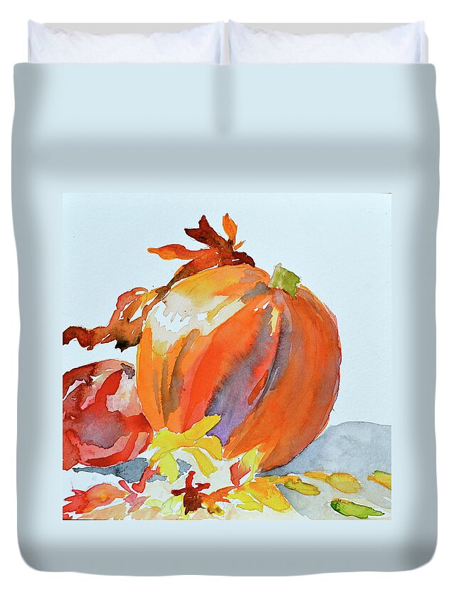 Pumpkin And Pomegranate Duvet Cover featuring the painting Pumpkin and Pomegranate by Beverley Harper Tinsley